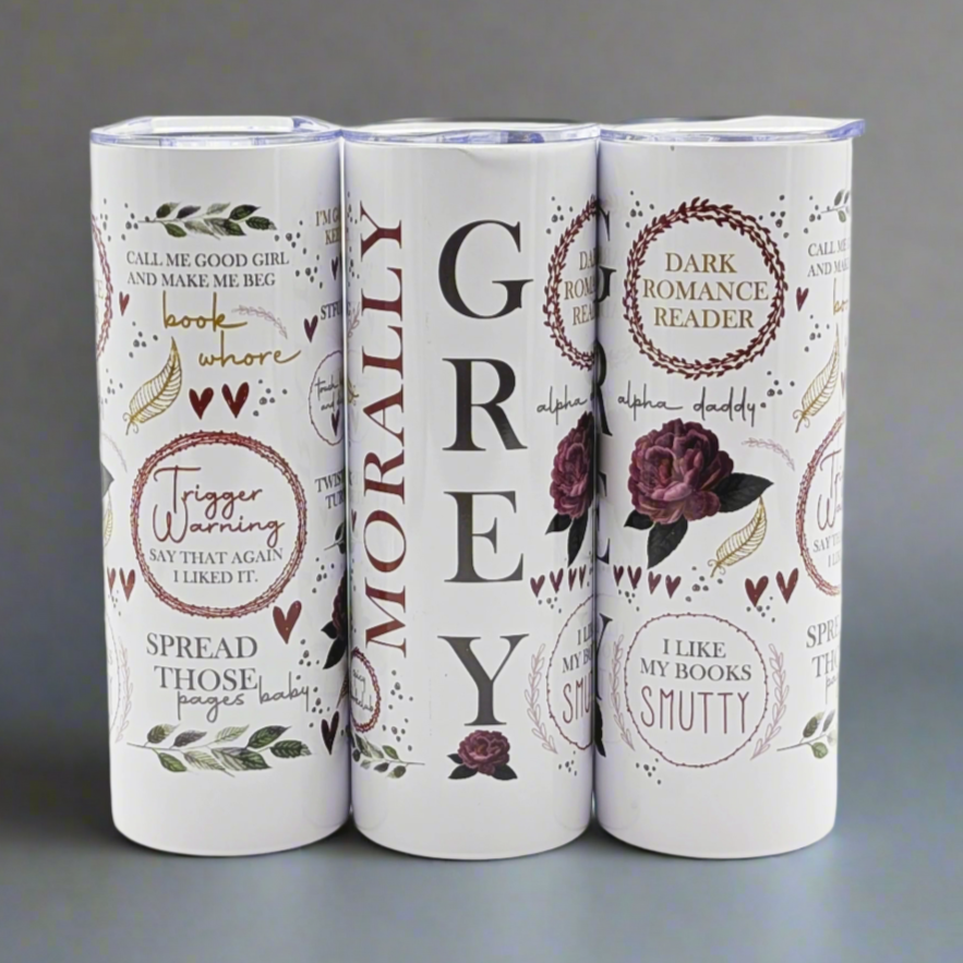Three tumblers with literary-themed designs on a white background